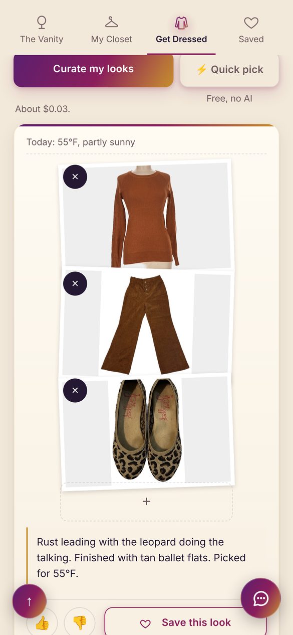 A finished look: a rust sweater, brown corduroy pants and leopard flats, with a note on why it works for today's weather.
