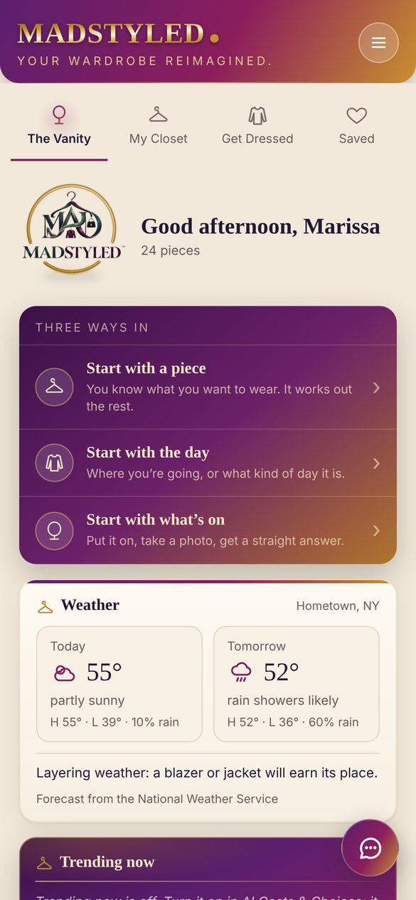 The Vanity, the app's home screen, with three ways in: start with a piece, start with the day, or start with what's on.